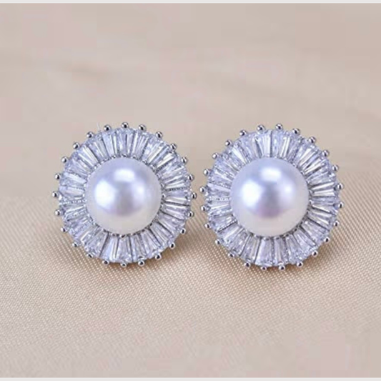 Pearl and Baguette Diamond Stud Earrings
