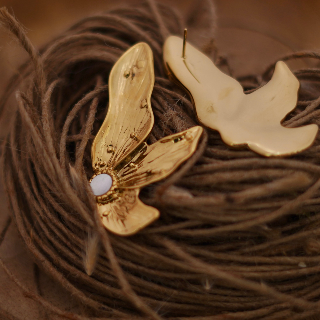 Abstract Gold Butterfly & Opal Wing Stud Earrings