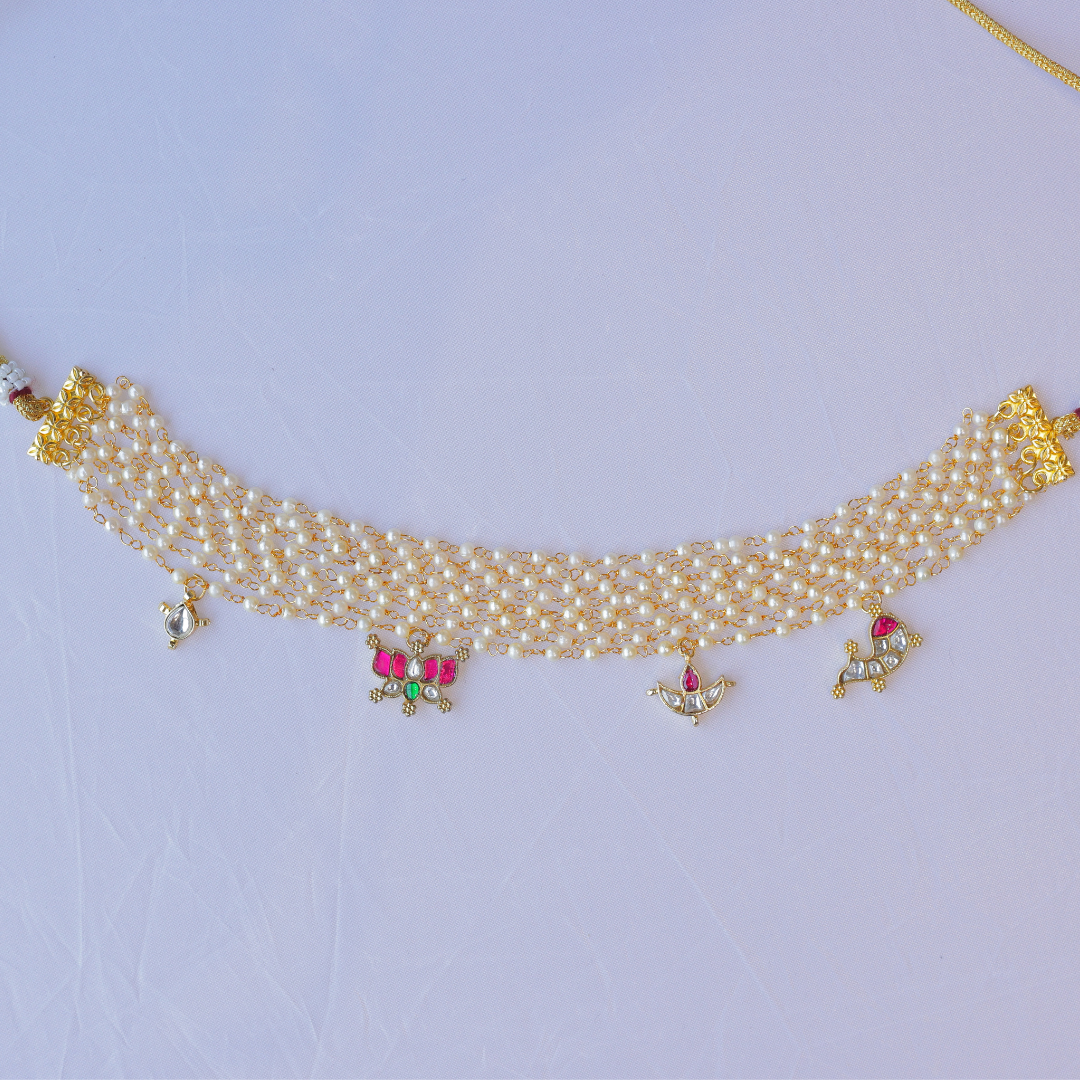 Handcrafted 5-Layer Pearl Choker Necklace with Kundan Charms