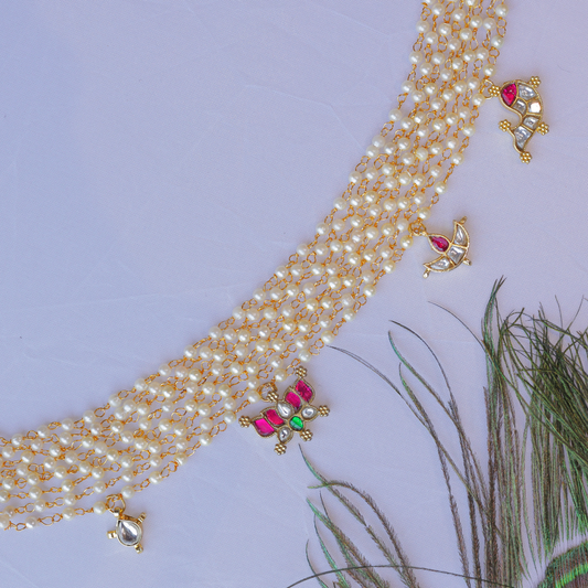 Handcrafted 5-Layer Pearl Choker Necklace with Kundan Charms