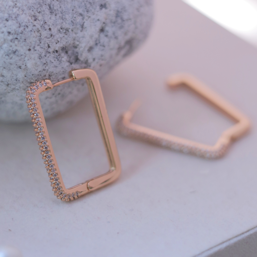 Rose Gold Rectangular Pave Huggie Hoop Earrings