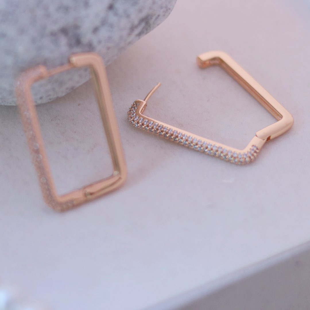 Rose Gold Rectangular Pave Huggie Hoop Earrings