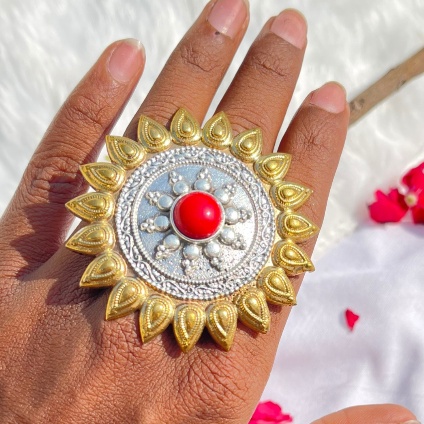 Sona Chandi- Dual Tone Oxidised Coral Red Ring