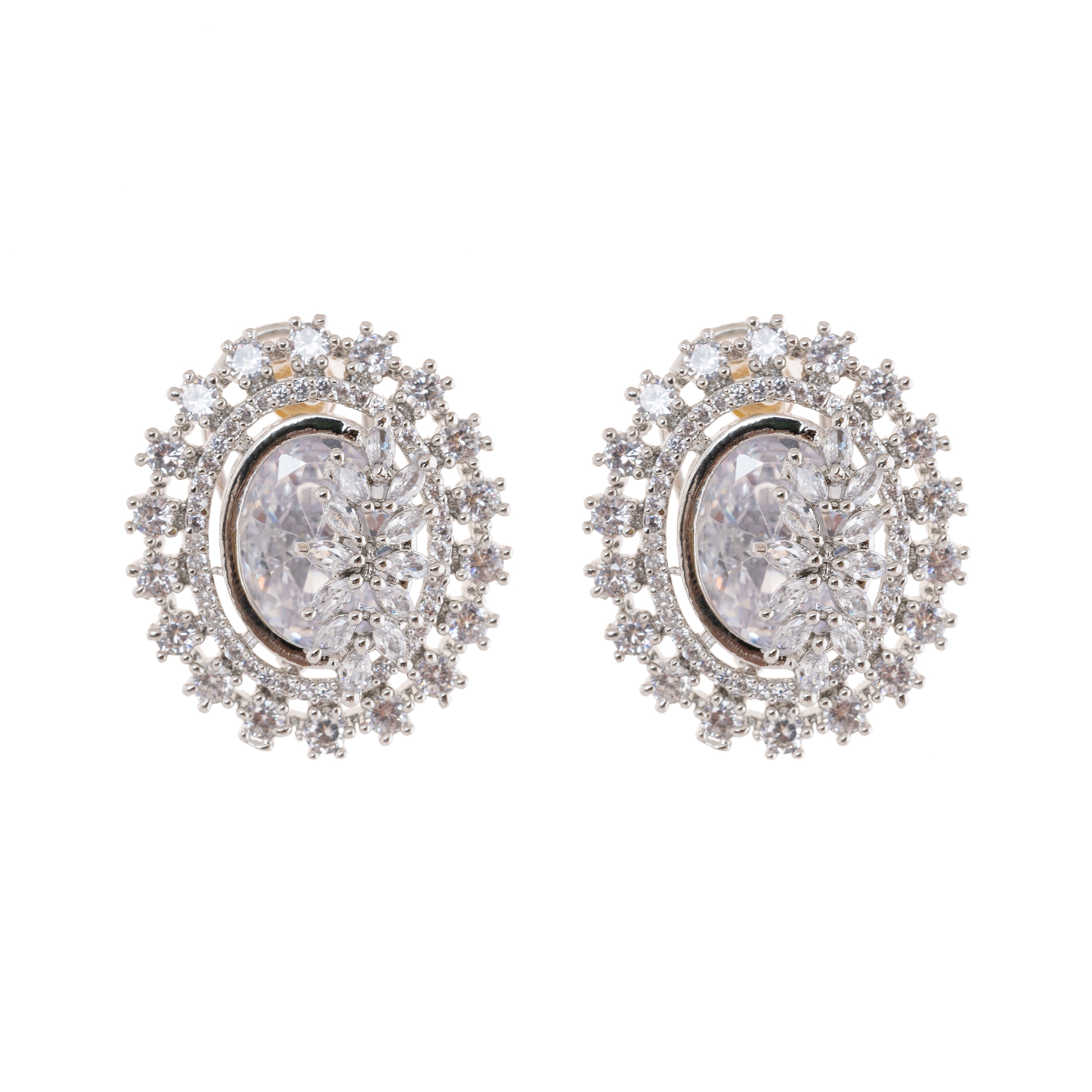 American Diamond Oval Shape Stud Earrings In Rhodium Polish