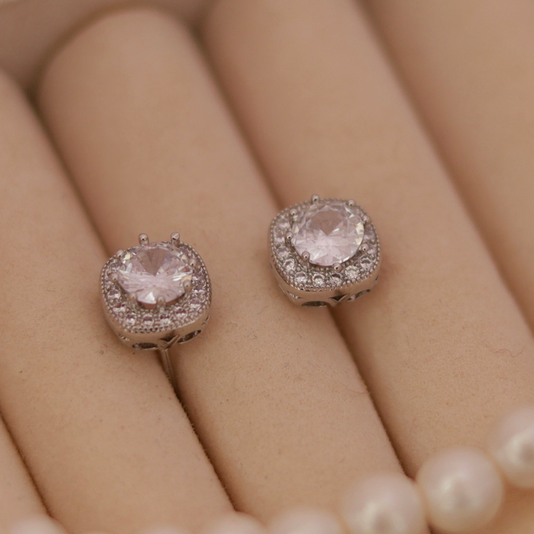 Elegant Silver Halo Cushion-Cut Crystal Stud Earrings