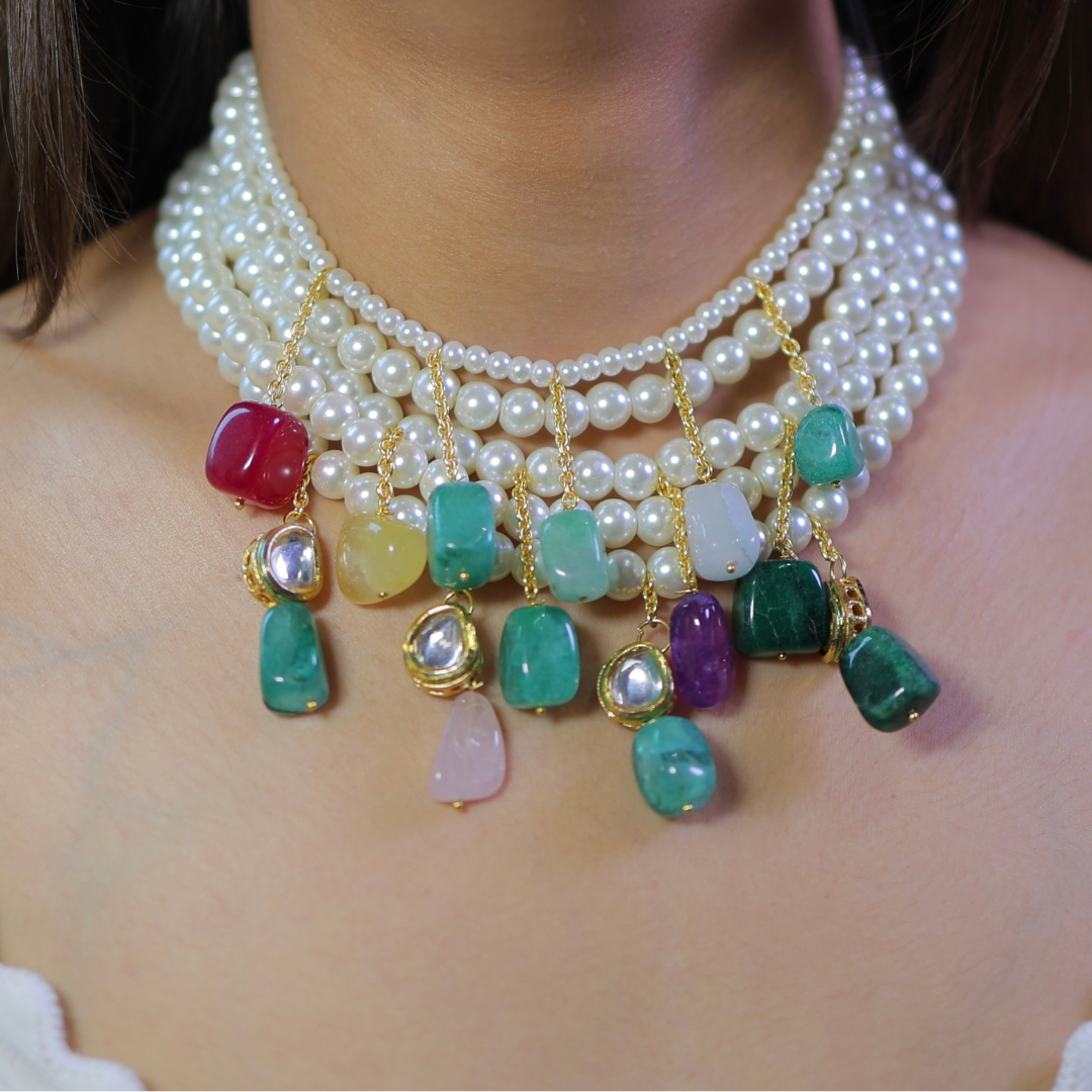 Elegant Multi-Layer Pearl Choker with Colorful Gemstone Drops