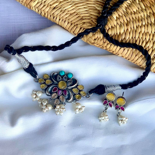 Multicolour Stone Oxidised Choker Set