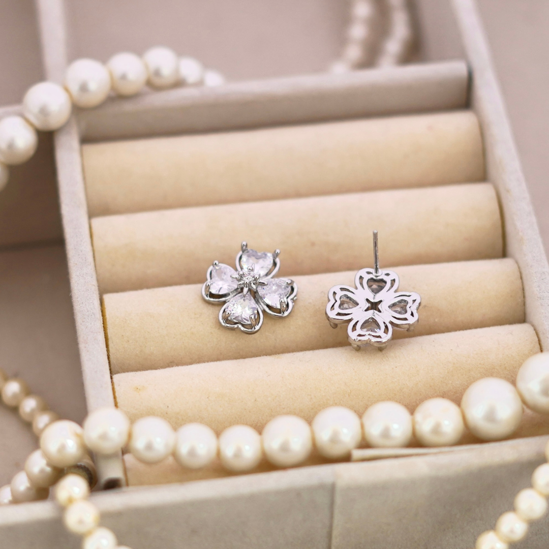Sparkling Silver Four-Leaf Clover Stud Earrings