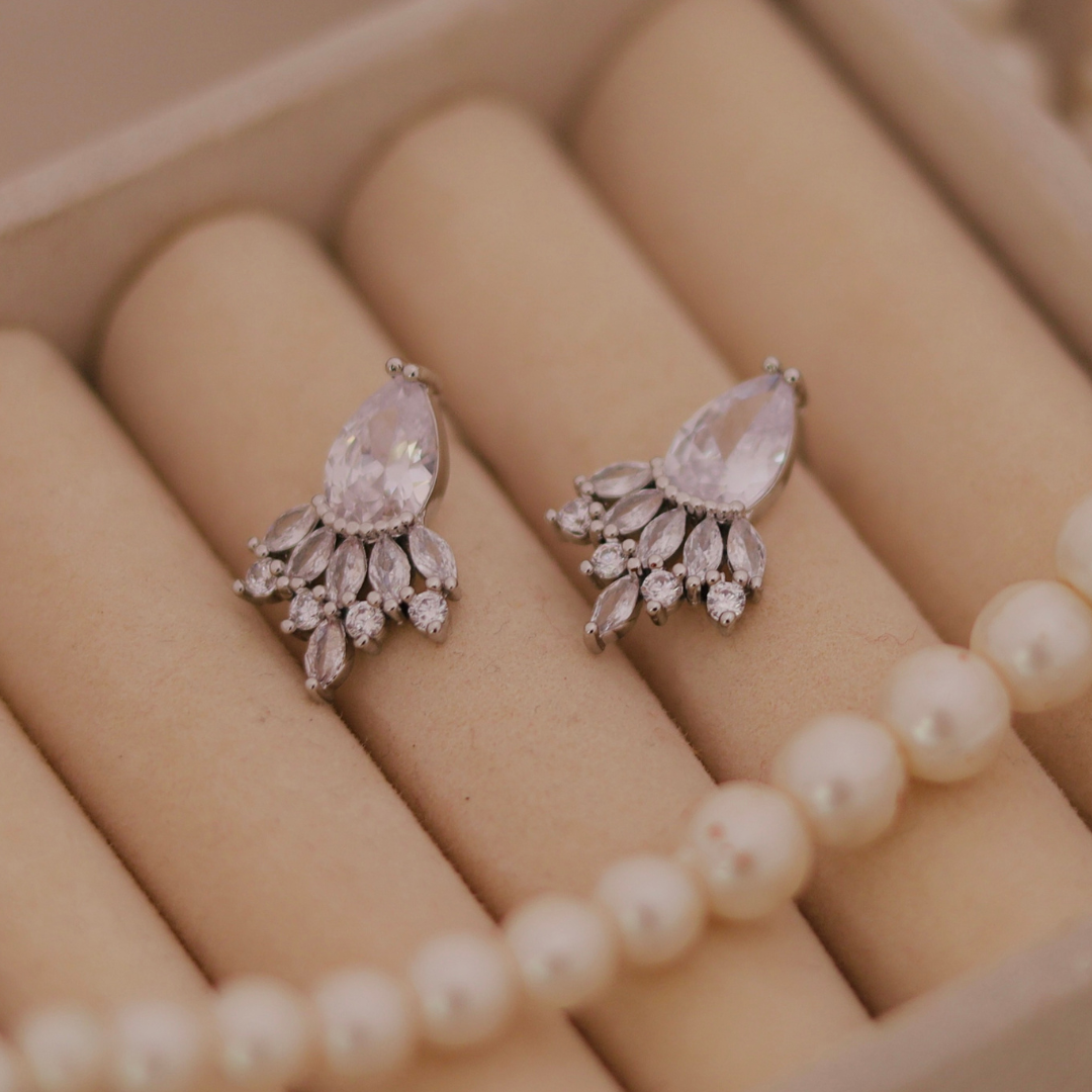 Silver Teardrop Fan Crystal Stud Earrings