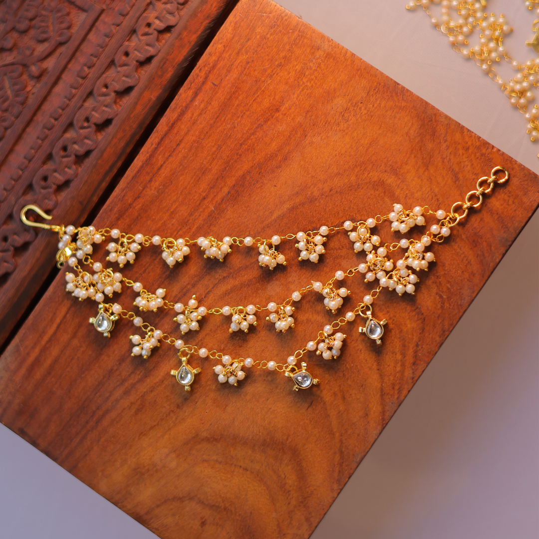 Handcrafted Triple-Layered Pearl & Kundan Ear Chain