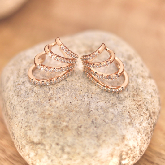 Rose Gold Triple Row Pavé  Hoop Studs
