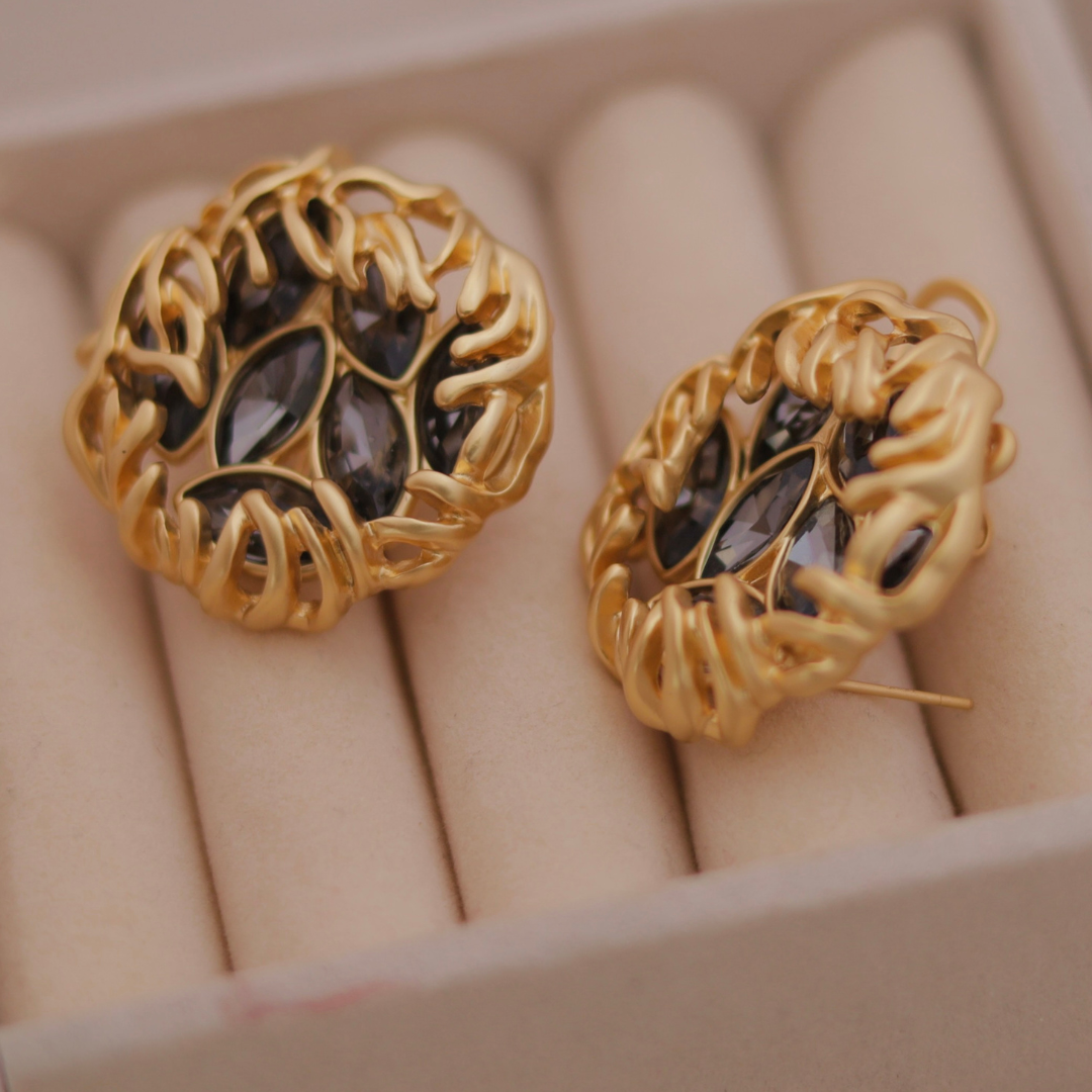 Vintage Gold Woven Nest Stud Earrings with Smokey Grey Marquise Crystals