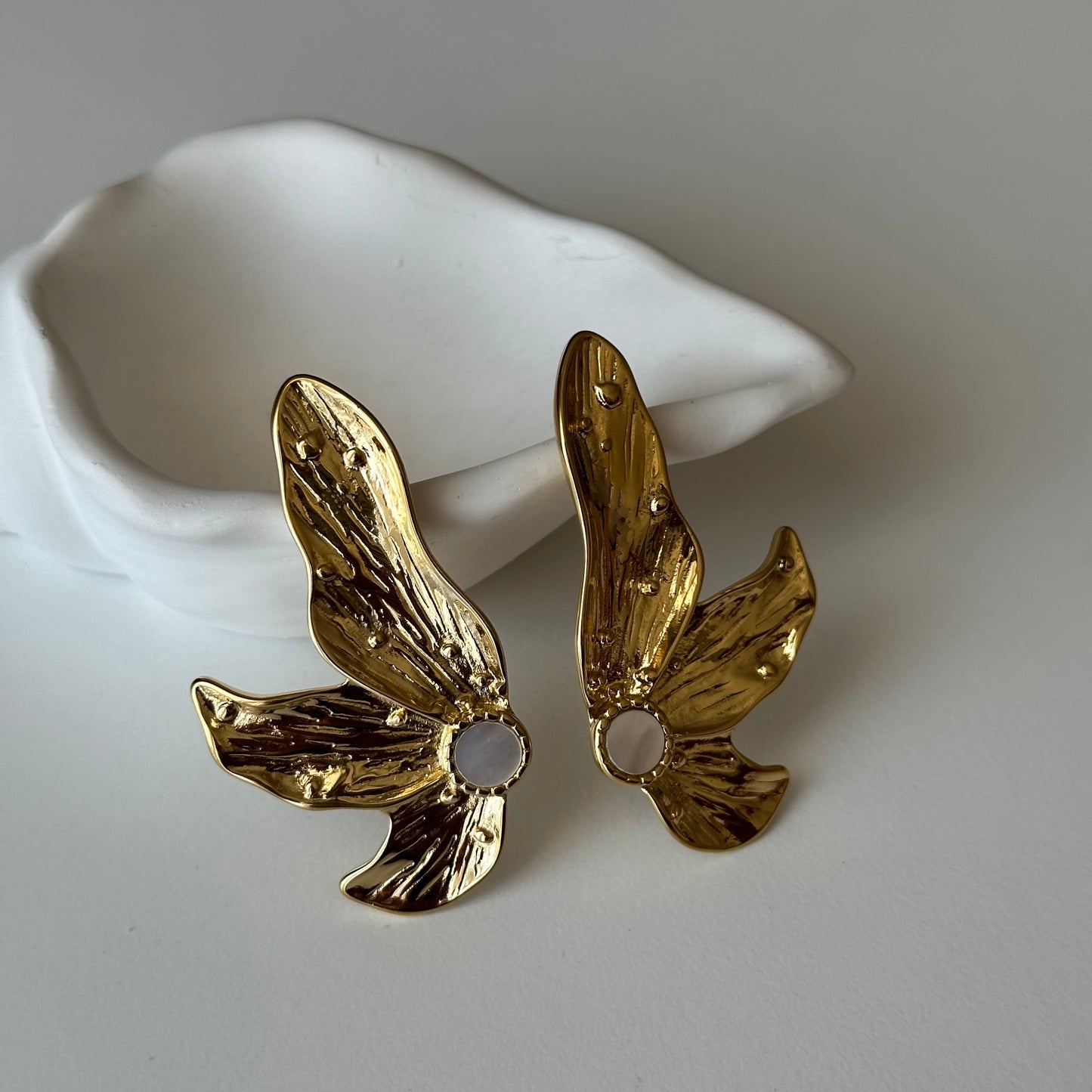 Abstract Gold Butterfly & Opal Wing Stud Earrings