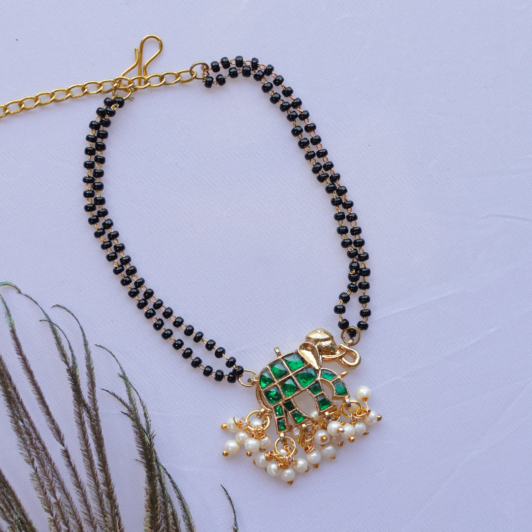 Handcrafted Double Layer Black Bead Hand Mangalsutra with Kundan & Meenakari Elephant Charm