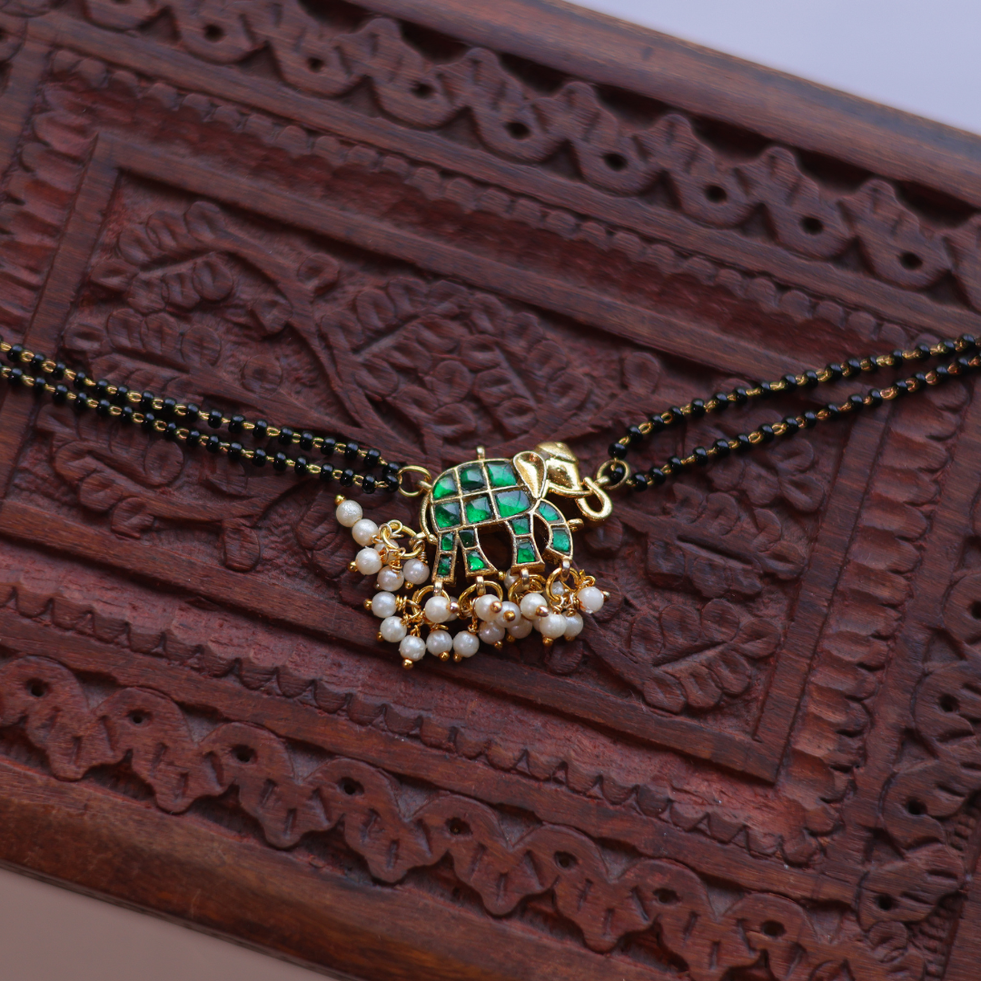 Handcrafted Double Layer Black Bead Hand Mangalsutra with Kundan & Meenakari Elephant Charm