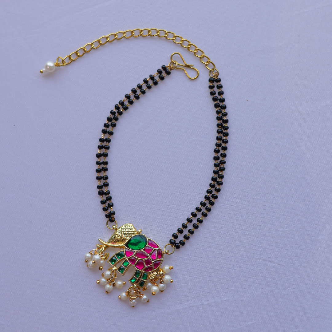 Handcrafted Double Layer Black Bead Hand Mangalsutra with Kundan & Meenakari Elephant Charm