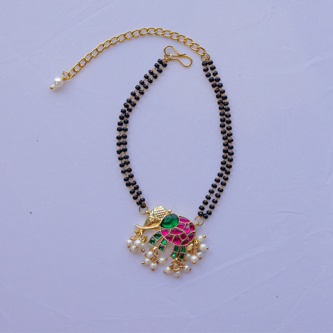 Handcrafted Double Layer Black Bead Hand Mangalsutra with Kundan & Meenakari Elephant Charm