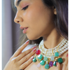 Elegant Multi-Layer Pearl Choker with Colorful Gemstone Drops