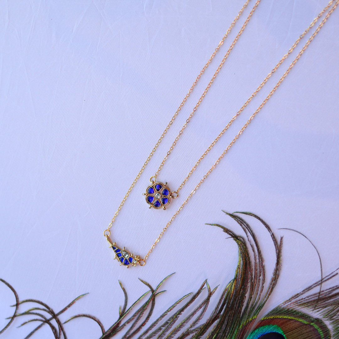 Handcrafted Gold-Plated Layered Necklace Set With Blue Paachi Kundan Stone Floral & Bird Charms