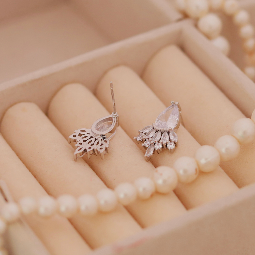 Silver Teardrop Fan Crystal Stud Earrings