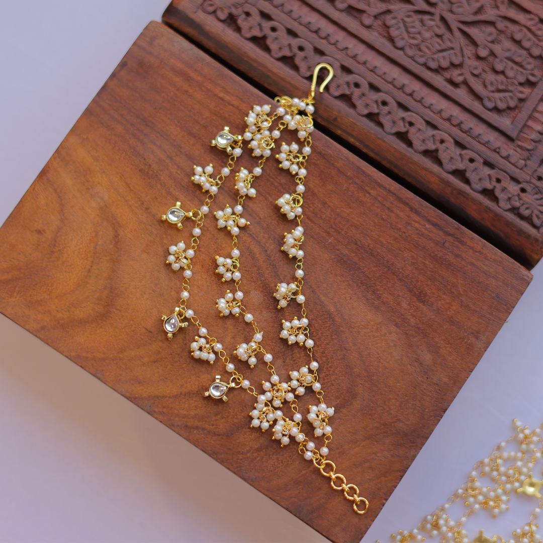 Handcrafted Triple-Layered Pearl & Kundan Ear Chain