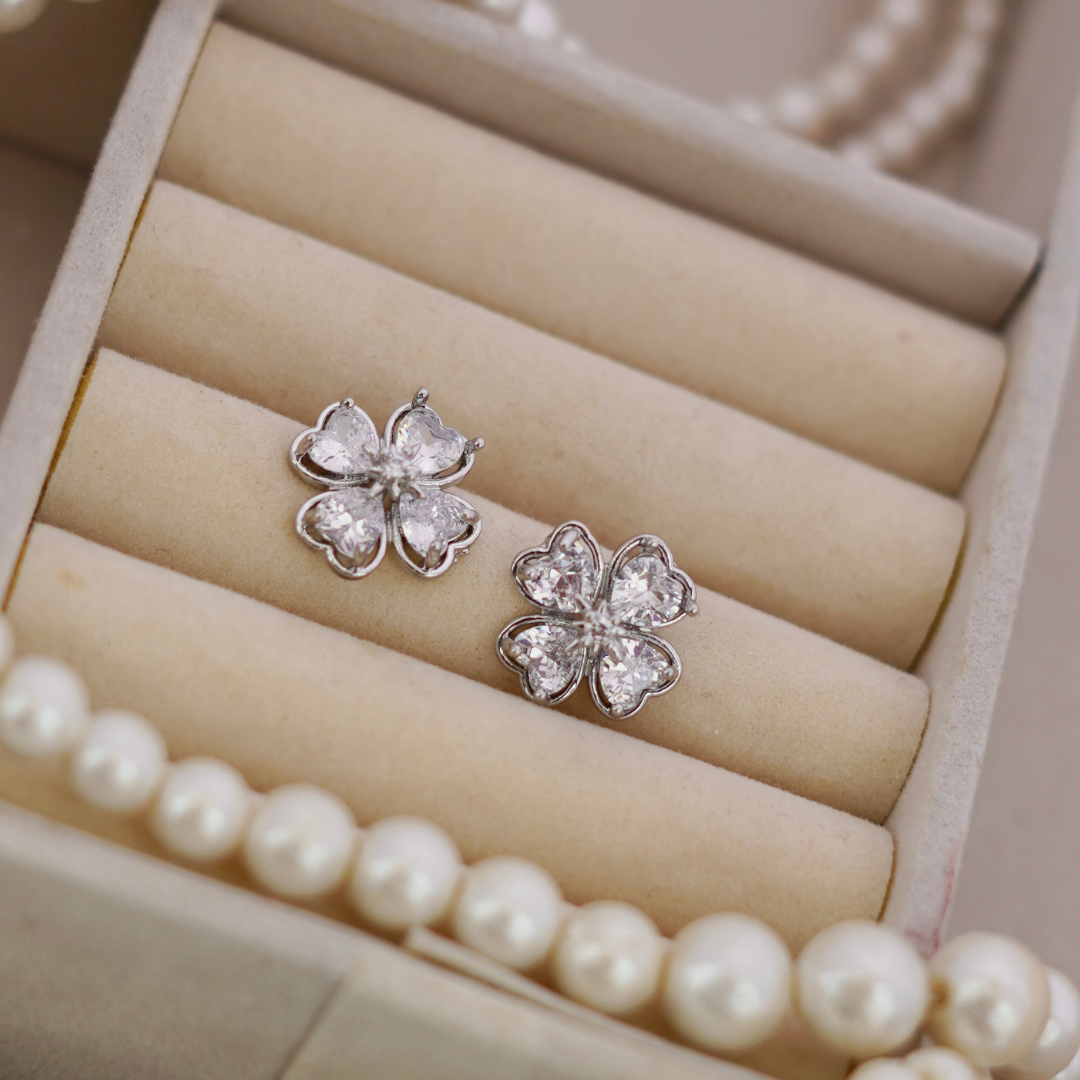 Sparkling Silver Four-Leaf Clover Stud Earrings