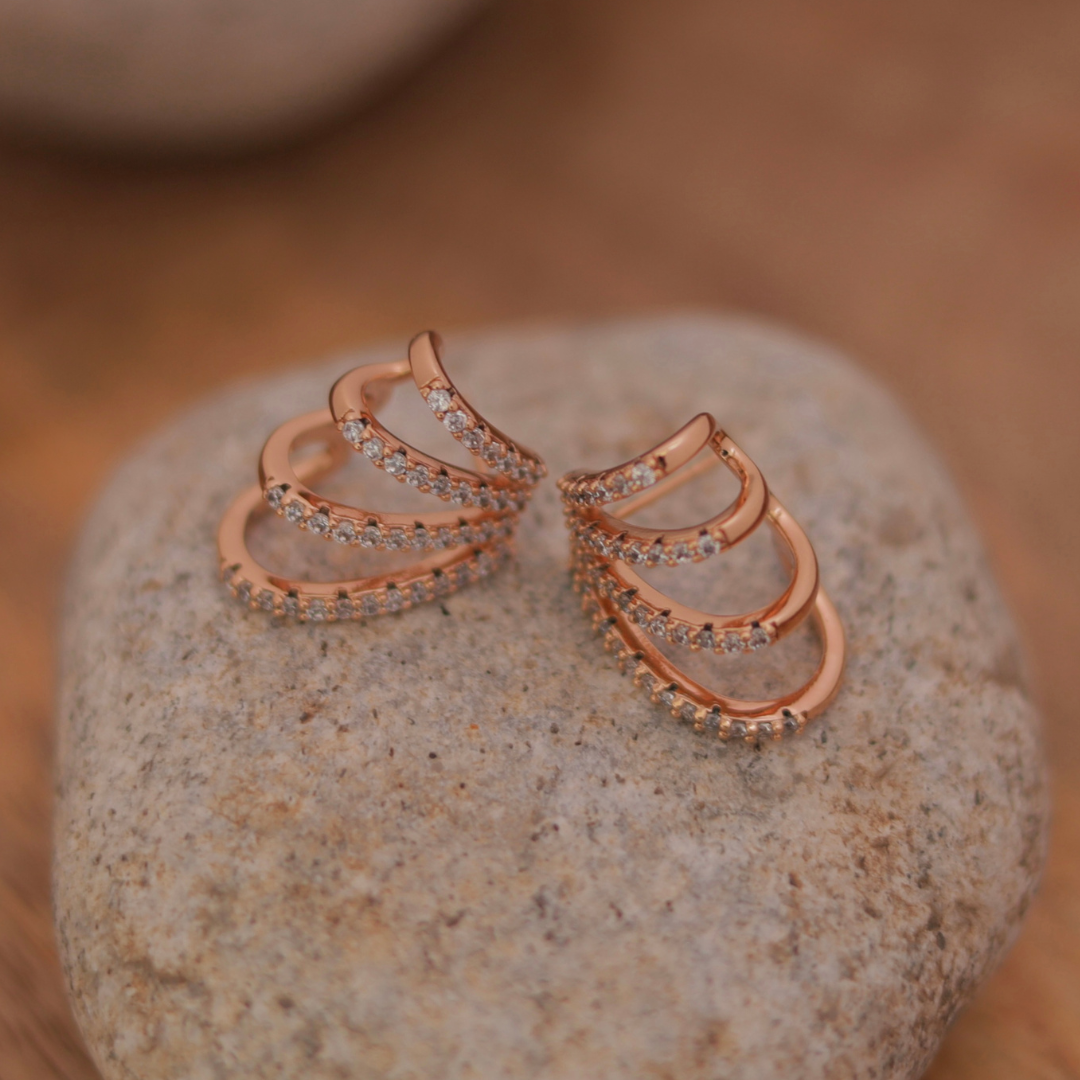 Rose Gold Triple Row Pavé  Hoop Studs