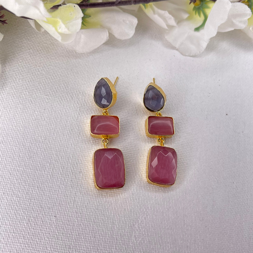 Gold Plated Crystal Handmade Earrings- Pink &amp; Purple