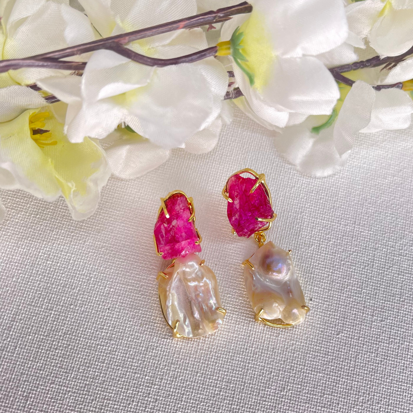 Uneven Shape Gemstone | Baroque Pearl & Pink Agate Druzy Gold Plated Dangle Statement Earrings