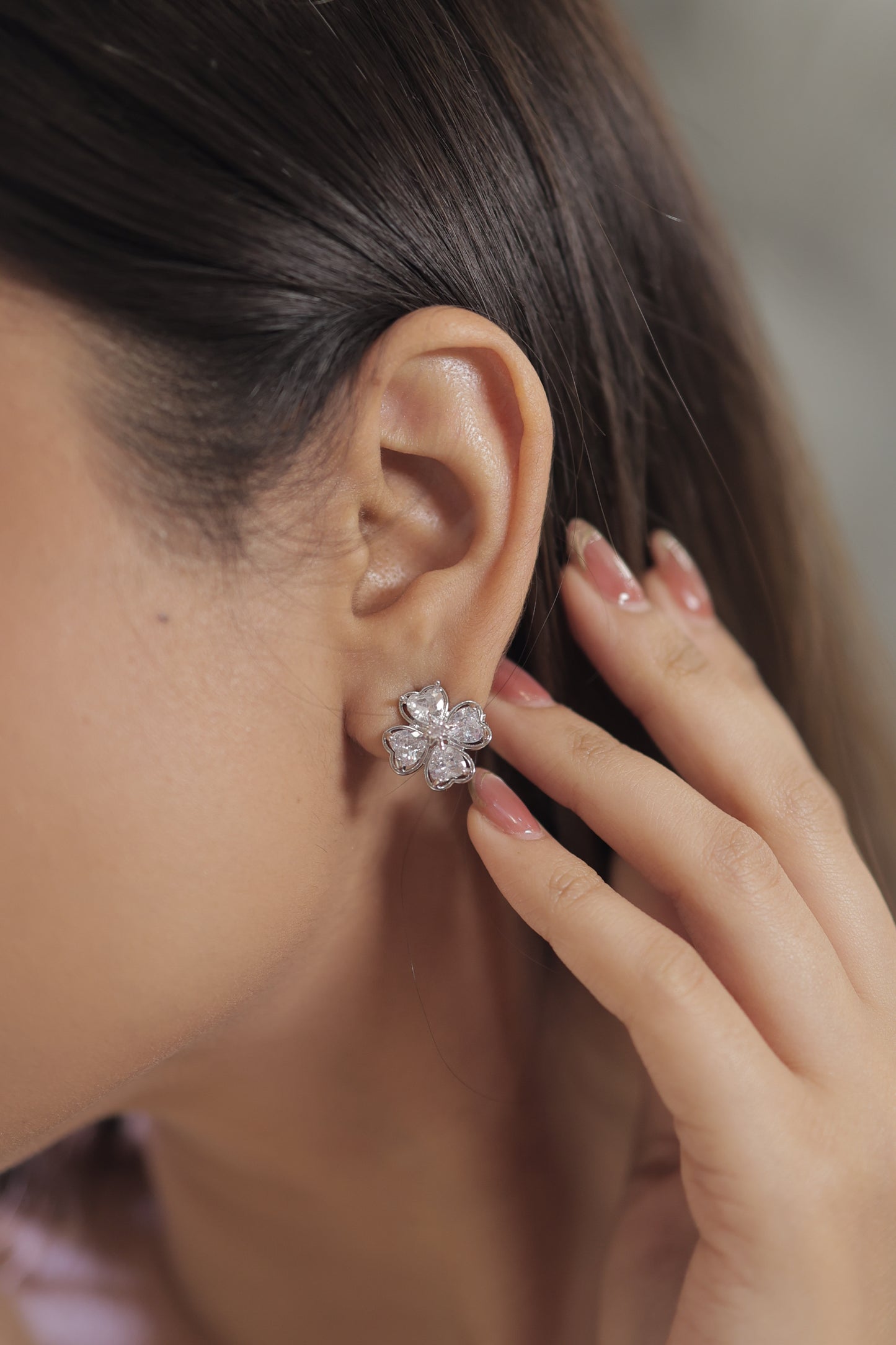 Sparkling Silver Four-Leaf Clover Stud Earrings