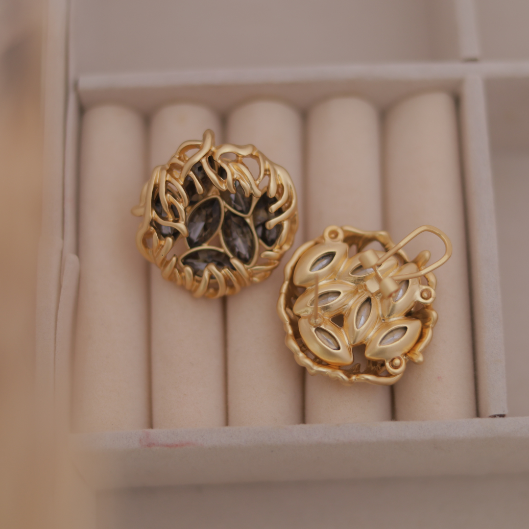 Vintage Gold Woven Nest Stud Earrings with Smokey Grey Marquise Crystals