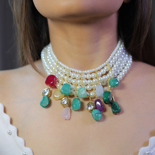 Elegant Multi-Layer Pearl Choker with Colorful Gemstone Drops