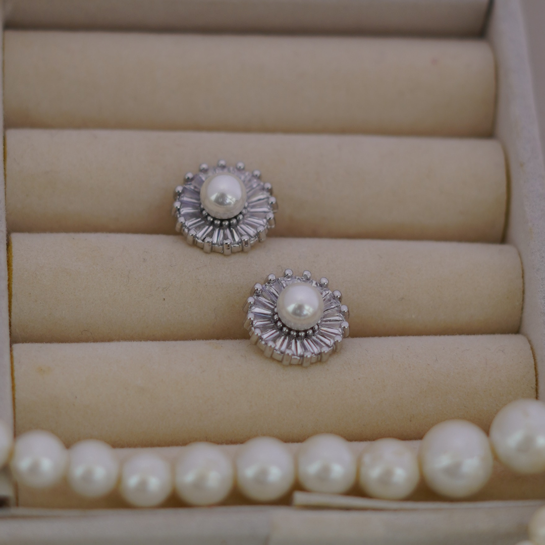 Pearl and Baguette Diamond Stud Earrings