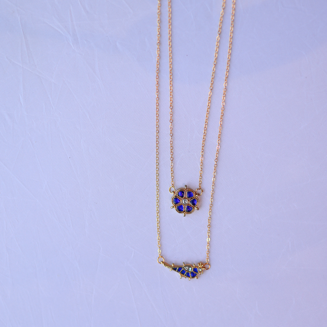 Handcrafted Gold-Plated Layered Necklace Set With Blue Paachi Kundan Stone Floral & Bird Charms