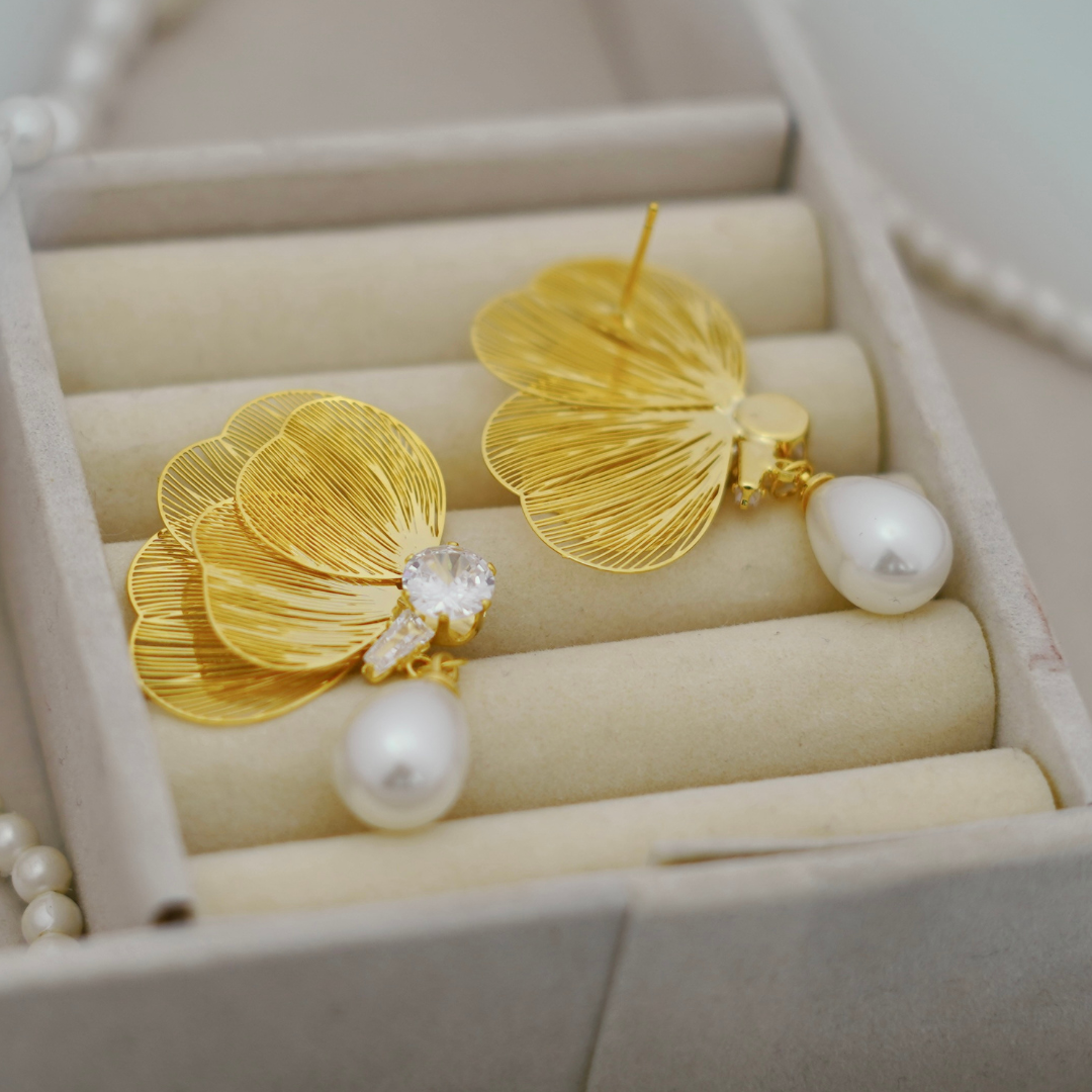 Gold Filigree Ginkgo Leaf & Pearl Drop Earrings