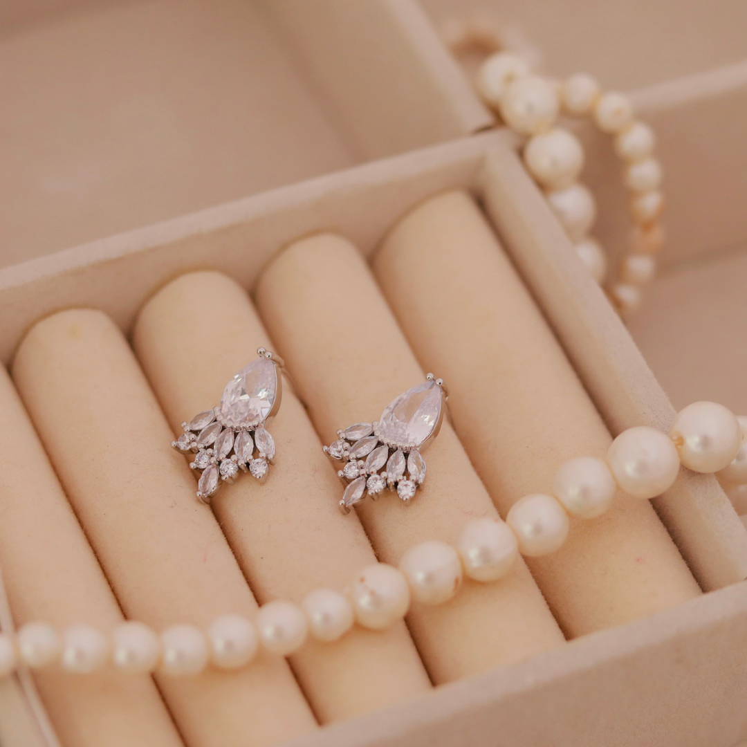 Silver Teardrop Fan Crystal Stud Earrings