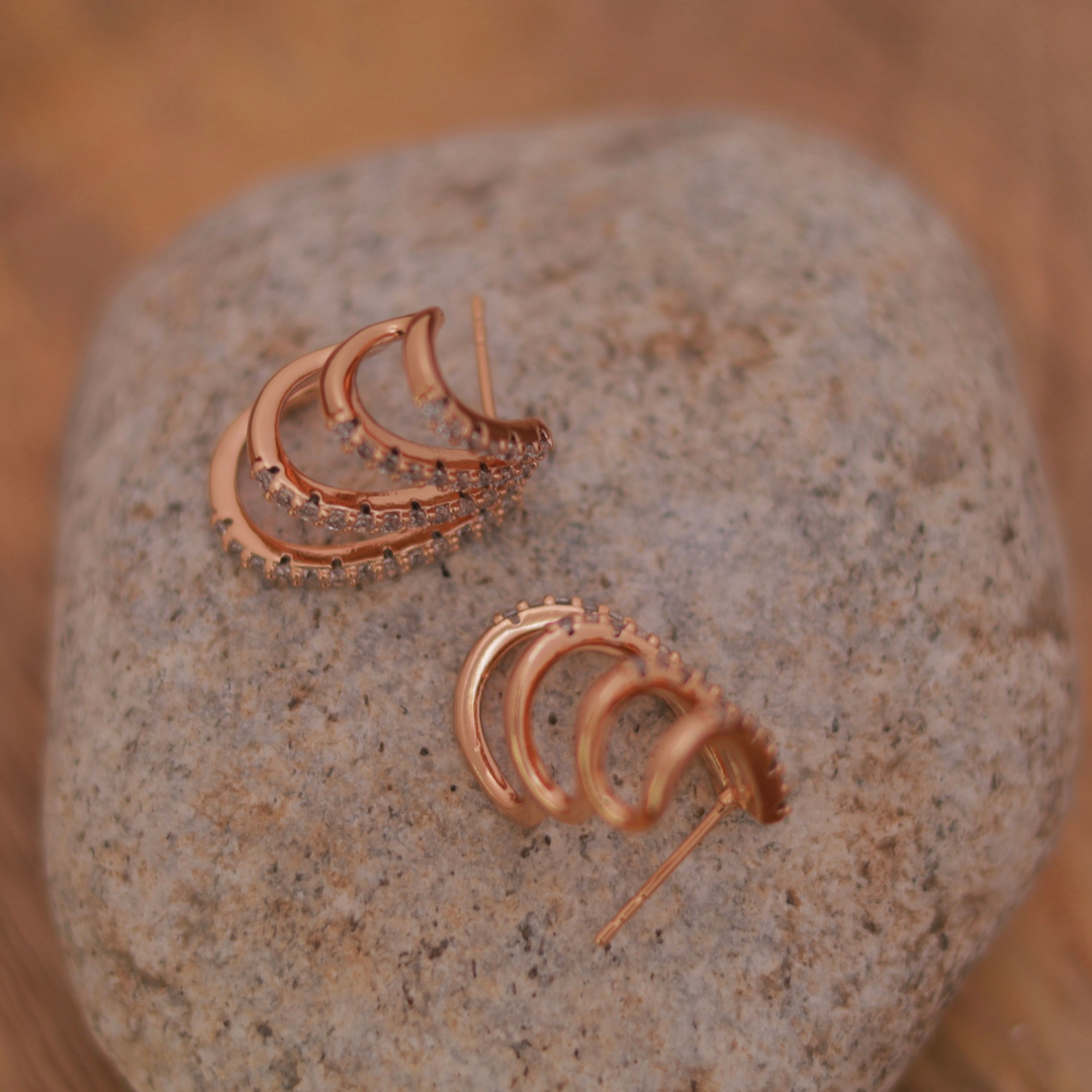 Rose Gold Triple Row Pavé  Hoop Studs