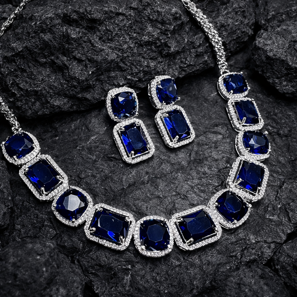 Sapphire Blue American Diamond DoubletWedding Jewellery Set