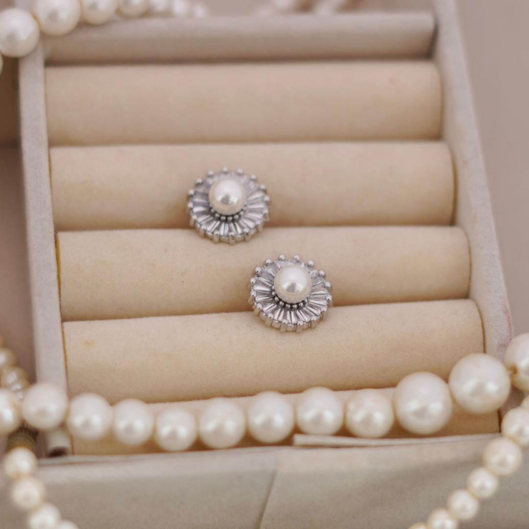 Pearl and Baguette Diamond Stud Earrings
