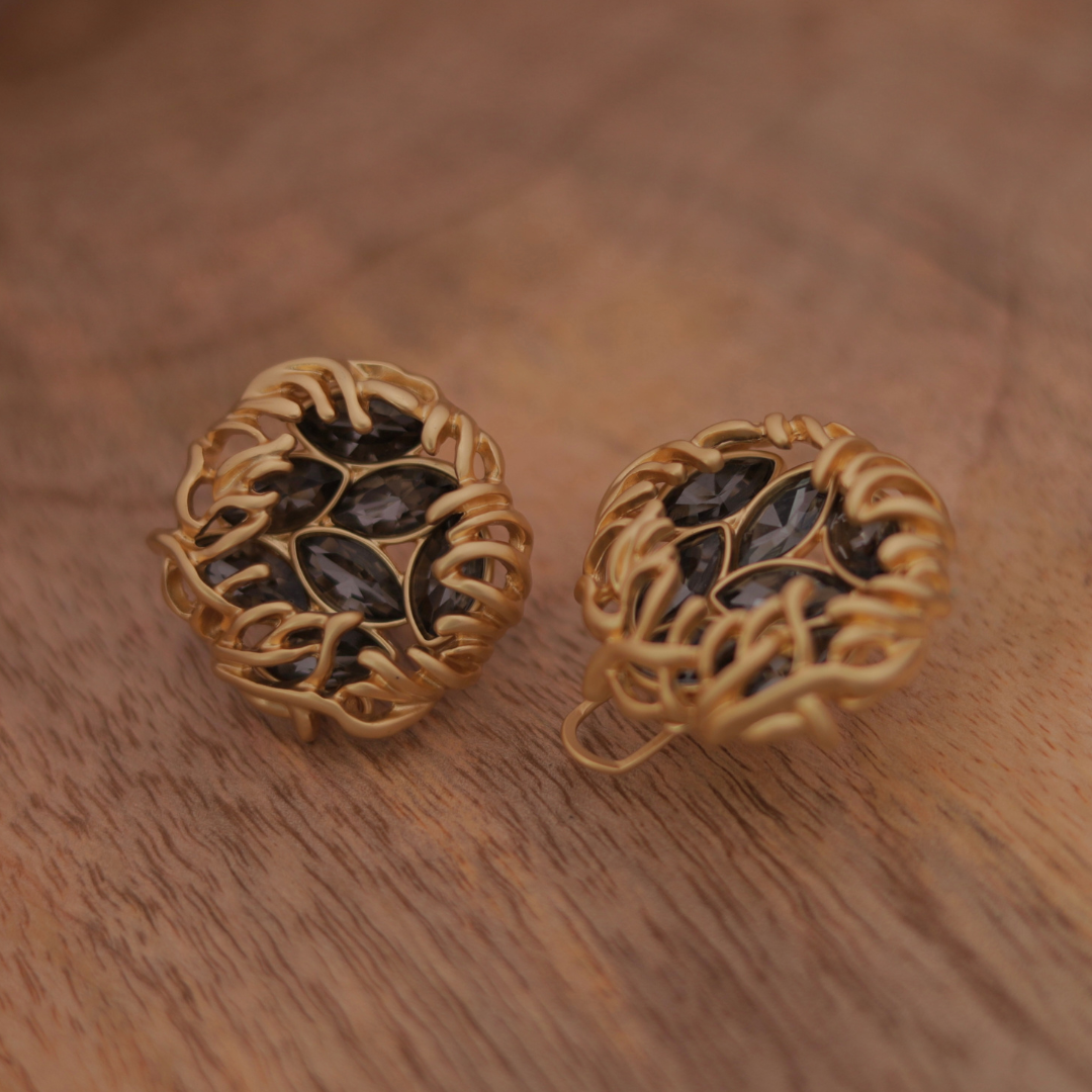 Vintage Gold Woven Nest Stud Earrings with Smokey Grey Marquise Crystals