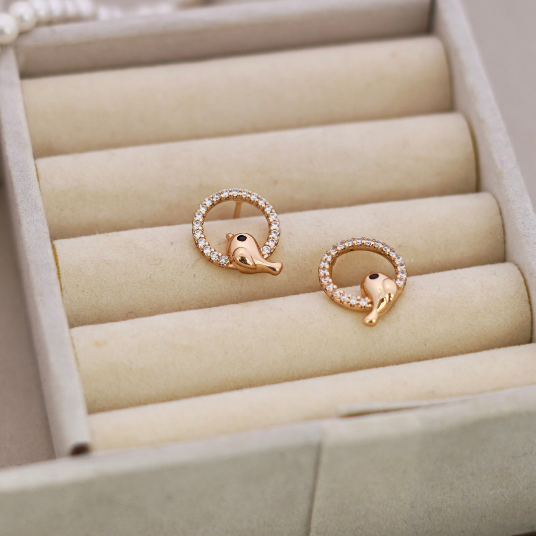 Rose Gold Bird in Circle Cubic Zirconia Stud Earrings