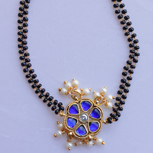 Traditional Gold-Plated Blue Kundan Hand Mangalsutra with Dual-Strand Black Beads and Pearl Droplets