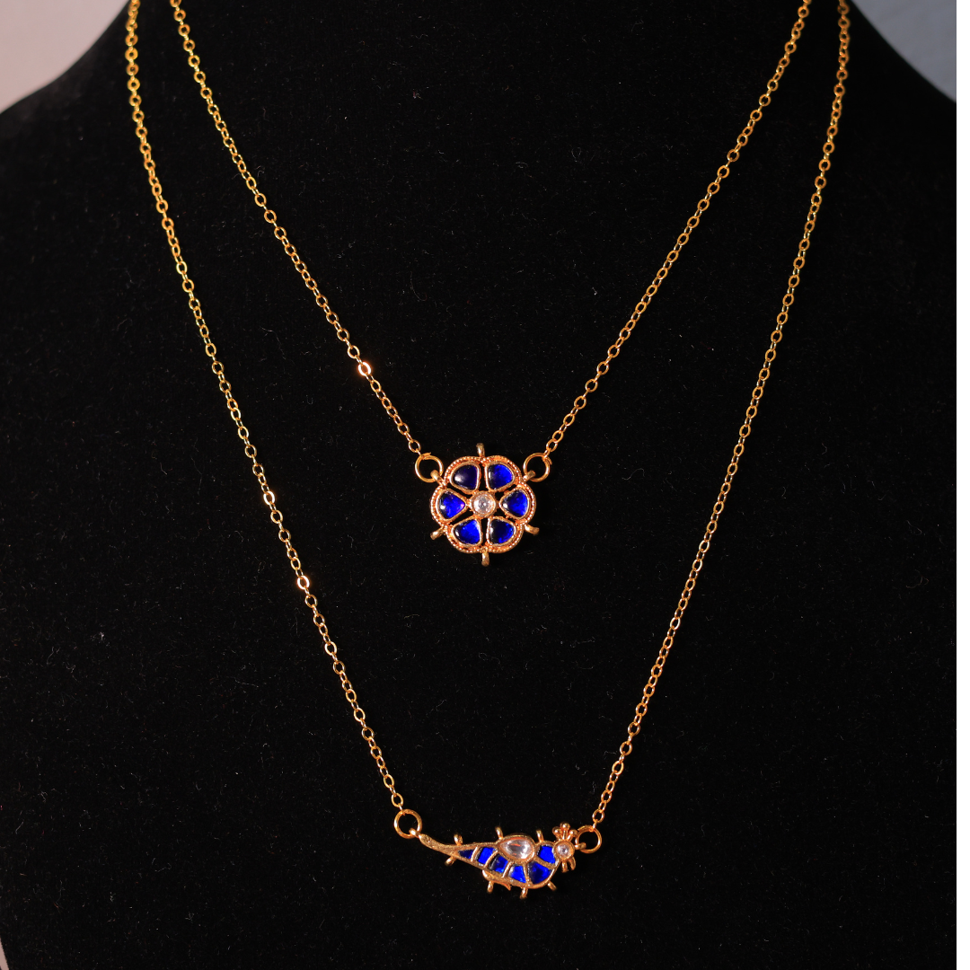 Handcrafted Gold-Plated Layered Necklace Set With Blue Paachi Kundan Stone Floral & Bird Charms