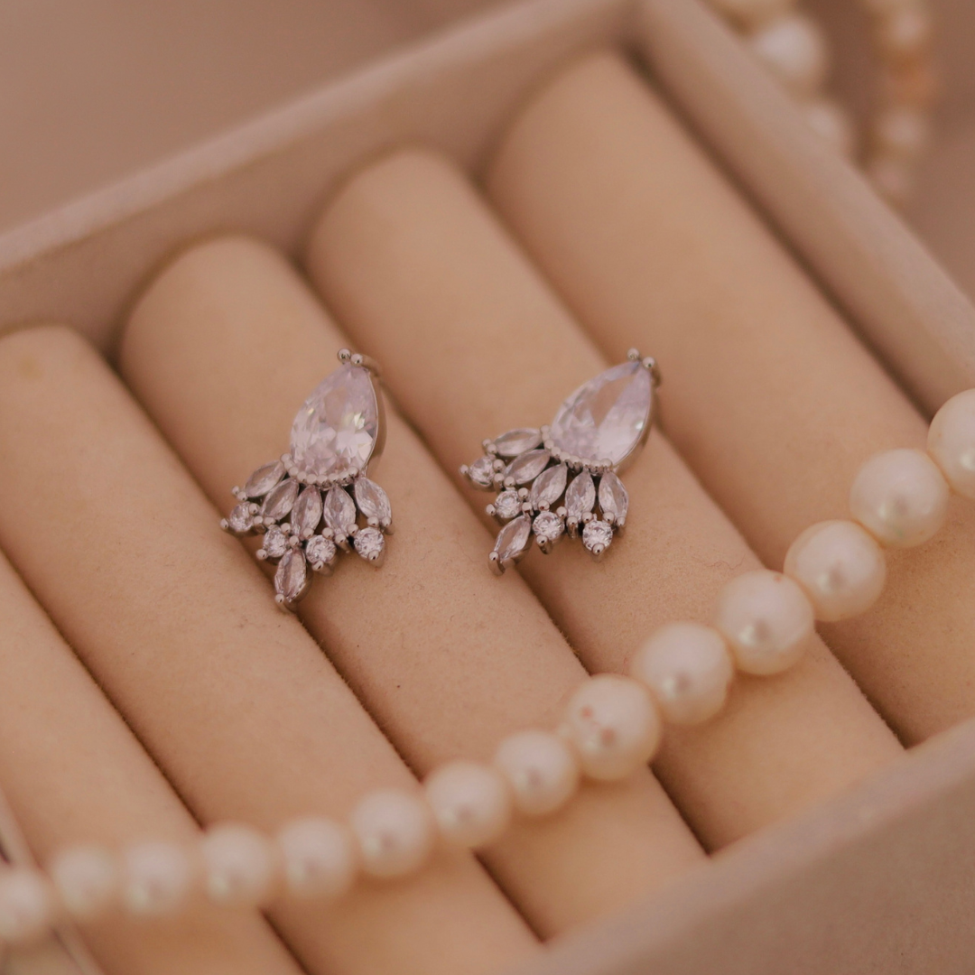 Silver Teardrop Fan Crystal Stud Earrings