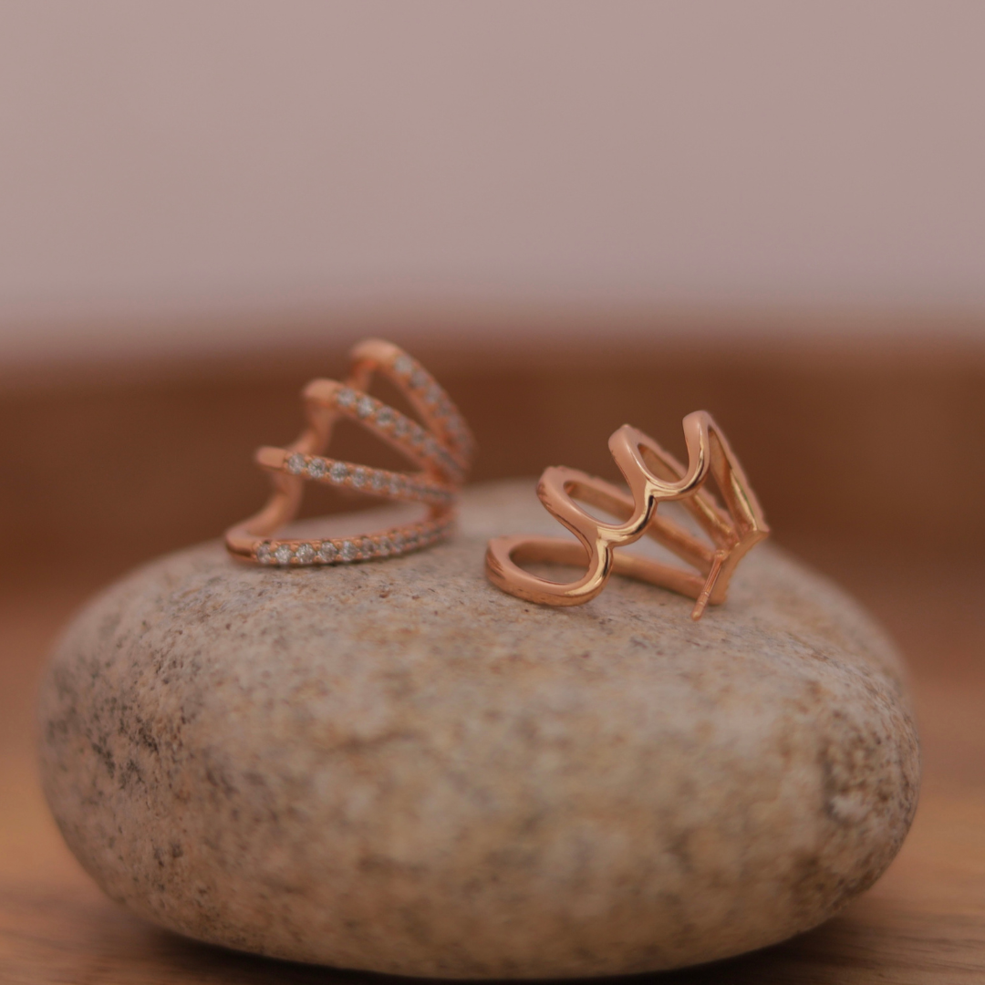 Rose Gold Triple Row Pavé  Hoop Studs