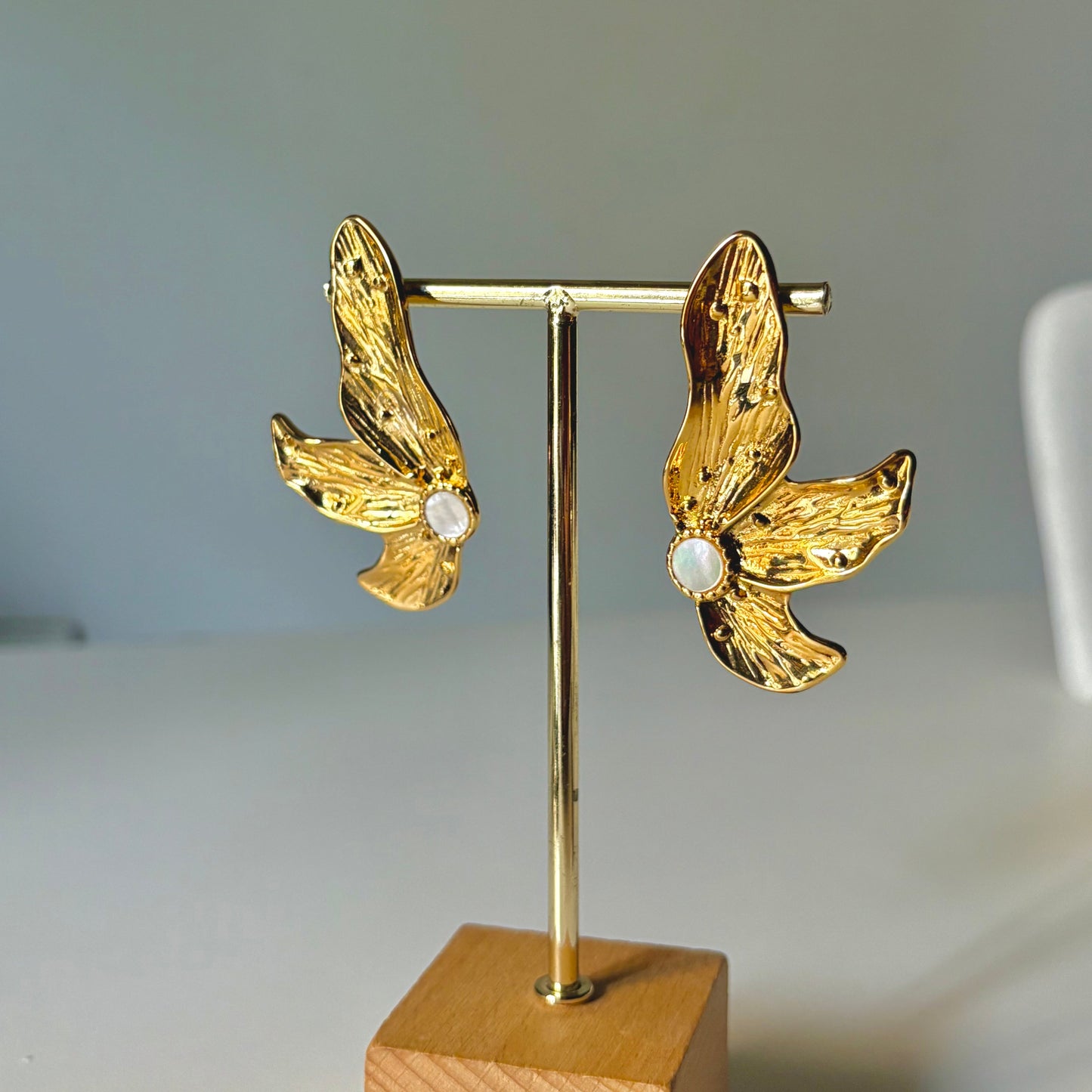 Abstract Gold Butterfly & Opal Wing Stud Earrings