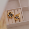 Vintage Gold Woven Nest Stud Earrings with Smokey Grey Marquise Crystals