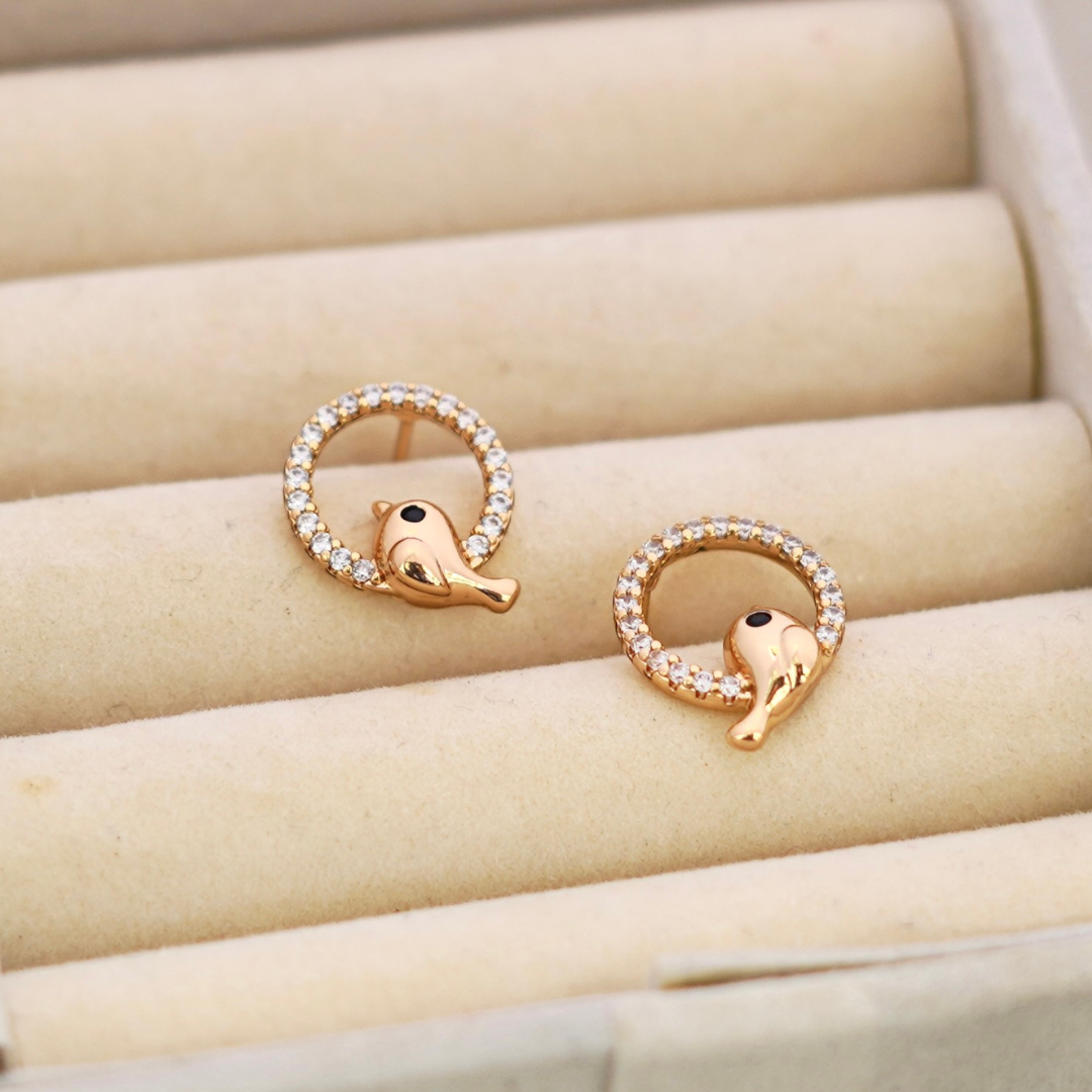 Rose Gold Bird in Circle Cubic Zirconia Stud Earrings