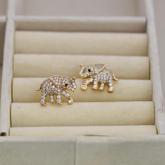 Gold Pavé Cubic Zirconia Elephant Stud Earrings