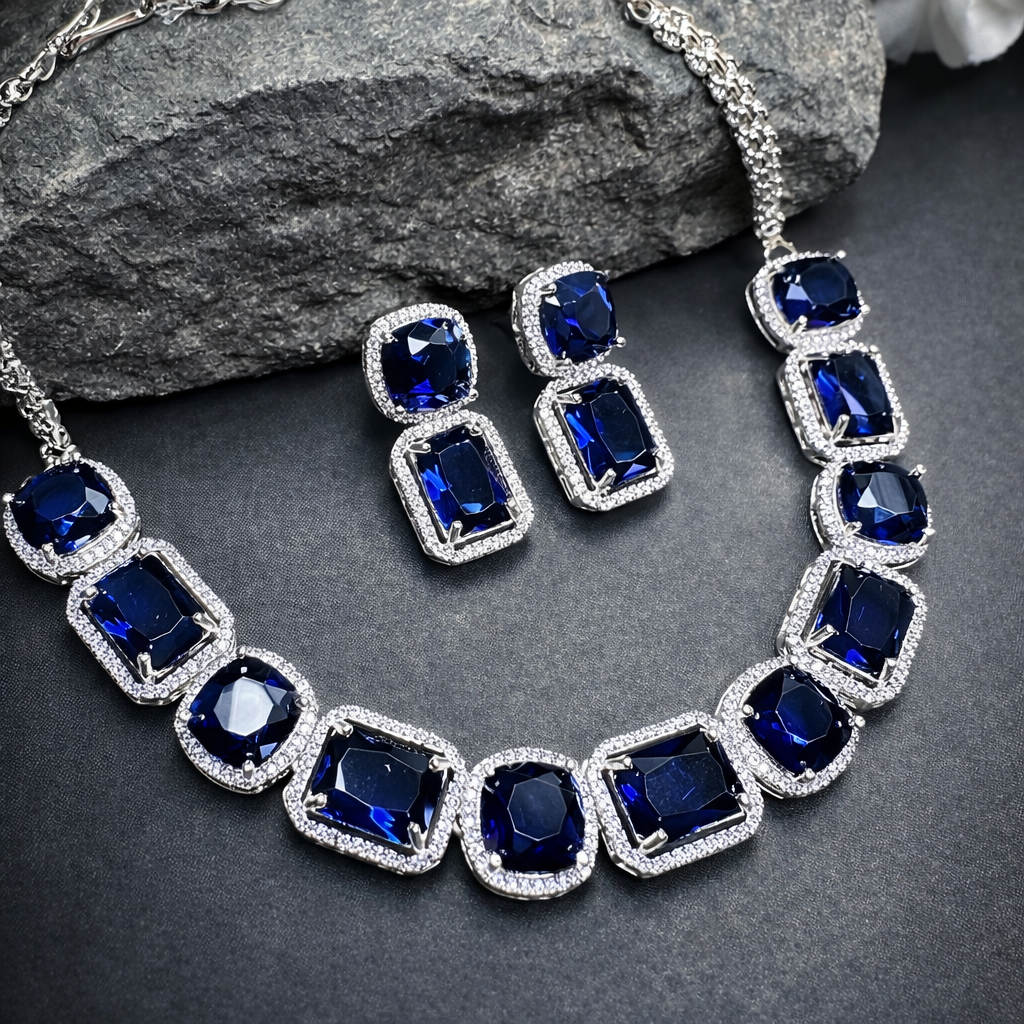 Sapphire Blue American Diamond DoubletWedding Jewellery Set